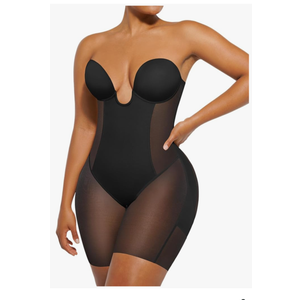 SHAPELLX Strapless Shapewear for Women Deep Plunge Corset Tummy Control Backless Bodysuit Mid Thigh Full Body Shaper, Size XL