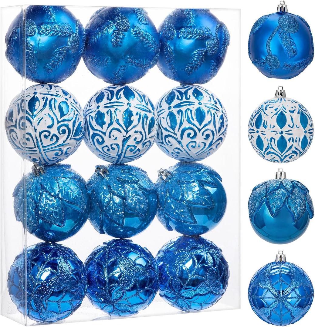 Hollyone 3.15"/80mm Blue Christmas Ball Ornaments 12 Pcs Shatterproof Christmas Tree Relief Ornament Set Large Hanging Balls for Xmas Wedding Holiday Wreath Home Decorations