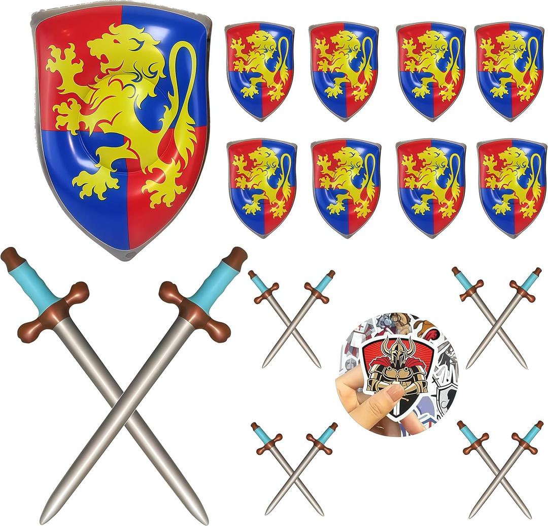 Inflatable Sword and Shield Props Set, 16 Pcs with 60 Knight Emblem Stickers for Medieval Theme Parties, Costume Events & Photo Booth Decor