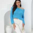 2025 Fall Cropped Sweater for Women Off The Shoulder Pullover Fluffy Knit Fashion Crop Top Holes Design (Blue)