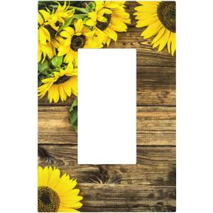 Kitchen Spring Rustic Yellow Golden Flower Gold Sunflower on Wood Wooden Decorative 1 Gang Single Decorator GFCI/Rocker Wall Plate Electrical Receptacle Outlet Light Switch Cover for Dimmer, USB