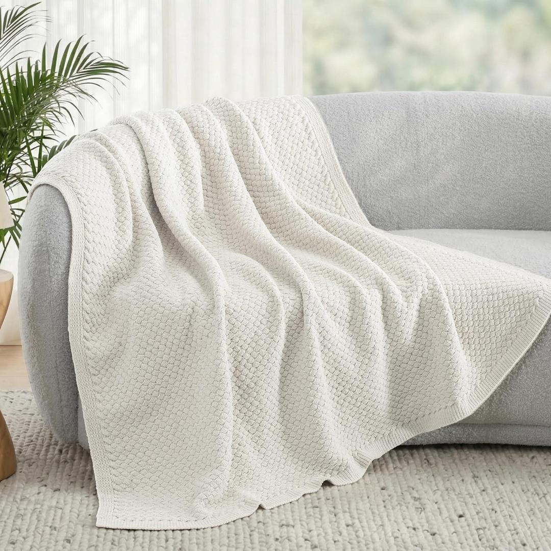 Whale Flotilla Chunky Knit Throw Blanket for Couch and Bed, Ivory Decorative Cozy Fleece Blanket, Reversible Soft Fuzzy Woven Throws, 50x60 Inch