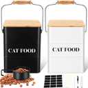 Tioncy 2 Pcs Metal Cat Food Containers with Bamboo Lids and Spoon Airtight 5-7 Lbs Cat Treat Snack Jars with DIY Labels Big Pet Cookie Storage Bin for Kitchen Counter (Black, White)