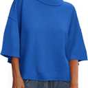 BTFBM Womens Short Sleeve Tops 2025 Summer Casual Crew Neck Oversized Sweater Solid Color Ribbed Knit T Shirts (Blue, M)