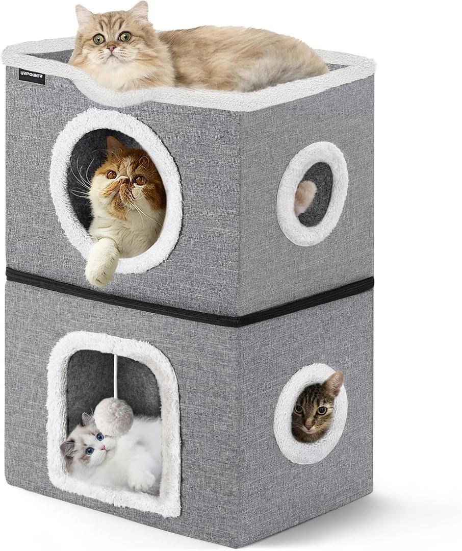 URPOWER 2 Story Cat Bed, Large Cat House for Indoor Cats Covered Cat Cave with Hideaway, Scratch Pad and Fluffy Ball, Foldable Cat Cube Condos Kitten Beds & Furniture for Multiple Small Pets