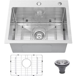 Drop In Kitchen Sink 25x22", 9" Basin Depth, 18 Gauge Stainless Steel Sink, 3D Embossed Surface Finish Top Mount with Accessories