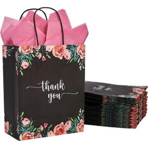 DjinnGlory 50 Pack Medium-Sized Floral Thank You Paper Gift Bags with Handles and Pink Tissue Paper for Boutiques, Weddings, Birthday Parties, 10x8x4 Inch (Black)