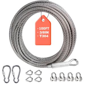 3/8" Stainless Steel Wire Rope, 304 Stainless Steel Cable with Loop, 12000 lbs Breaking Strength 100ft Wire Rope with Clips and Thimbles for Boat Lifts, Zipline, Aircraft, Winch, Decking