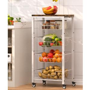 Fruit Vegetable Storage Cart for Kitchen, 5-Tier Vegetable Stand Rack with Pull-Out Fruit Baskets, Rolling Snack Cart with Wood Top & Banana Holder for Pantry, Living Room, Bathroom, White, 12.99 inches x 16.93 inches x 32.28 inches