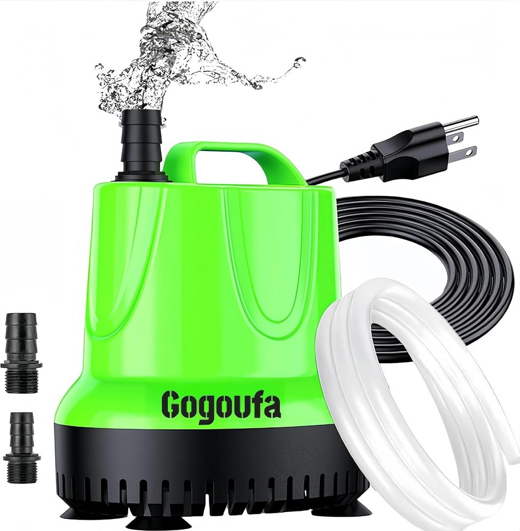 Submersible Water Pump with 5 Ft tubing and 2 Nozzles, 320 GPH, 25W, Small Sump Pump for Fish Tank, Pond, Aquarium, Hydroponic Systems