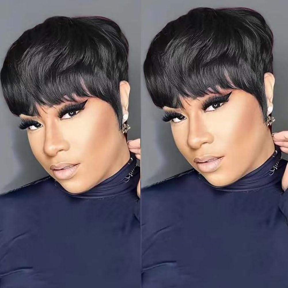 Pixie Cut Wig Human Hair - Layered Cut Short Wigs for Black Women, Natural Straight Short Pixie Wigs with Bang, Glueless Black Hair Pixie Wig Machine Made Non Lace Cap, 4 Inch