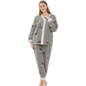 Womens Fuzzy Plush Pajama Set, Soft Warm Fleece Pajama for Women Cute Long Embroidered 2 Piece Sleepwears (X-Large, Panda-grey)