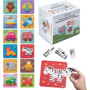 PREXTEX 12 Piece Puzzle Set - Toddler Puzzles with 6 Animal and 6 Transportation Themes - Montessori Kids Puzzles with Pictures Underneath - Wooden Pieces for Hand-Eye Coordination, Fine Motor Skills