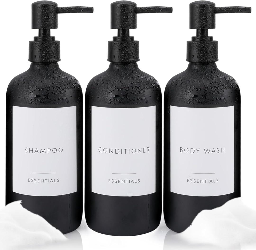 Shower Soap Dispenser Set of 3 Plastic 21oz Shampoo and Conditioner Bottles with Pump and Labels Bathroom Soap Dispenser Set Easy to Refill Body Wash for Bathroom Decor 2cc (Black)