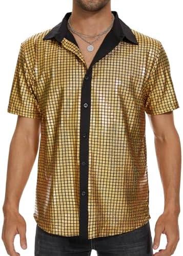 Zando Men's Sequin 70s 80s Disco Shirt - Retro Short Sleeve Button Up Costume Halloween New Year Party Outfit Top & Clubwear, M