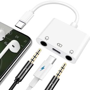USB C to Dual 3.5mm Headphone Jack Adapter USB C to 3.5mm Audio Adapter 3 in 1 Aux to USB C Headphone Splitter and Fast Charger for iPhone 17 16 15/iPad Pro/Galaxy 25 24 23 Pixel 9 8 7 and more (White)