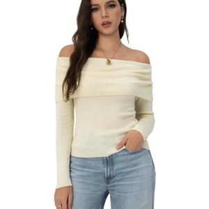 Women's Autumn Sweater, 2026 Casual Long Sleeve Off-The-Shoulder Strapless Knitted Sweater, Pullover Sweater (Beige, L)