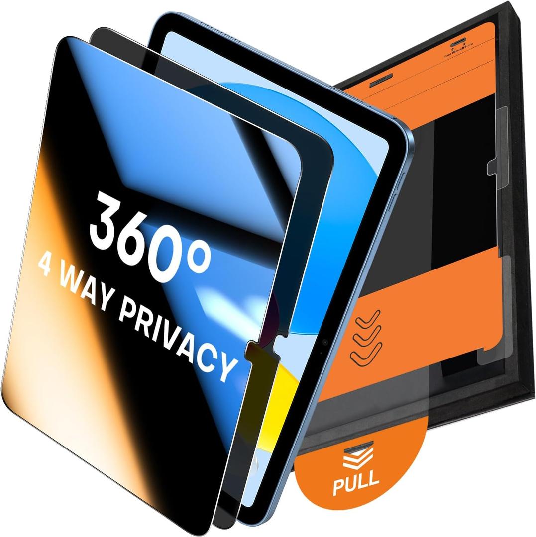 OMOTON 360 Privacy Screen Protector for iPad A16 11th 10th Generation (11/10.9 inch 2025/2022), 4 Way Anti-Spy Tempered Glass with Installation Tray, Case & Apple Pencil Compatible, 2 Pack