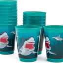 BLUE PANDA Shark Cups for Birthday Parties - 16-Pack, Blue Plastic - Reusable Cups for Kids & Adults