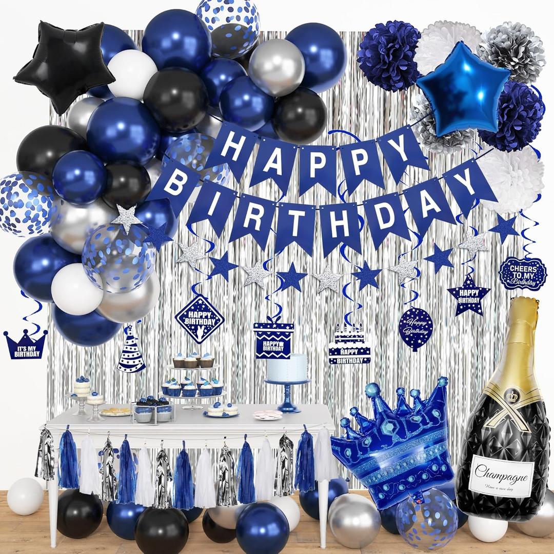 Blue Birthday Decorations for Men Boys, Blue Silver Party Decorations Fringe Curtains Happy Birthday Banner Hanging Cutouts Tassels Graduation Party Decors 13th 16th 18th 21st 30th 40th 50th 60th Him