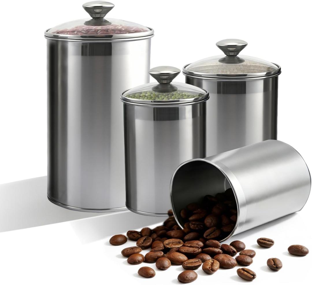 Stainless Steel Food Canister Set 4-Piece, Airtight Kitchen Storage Containers with Lids, Metal Canisters for Flour Sugar Coffee & Pantry Organization, Rustproof & Durable Countertop Jar Set