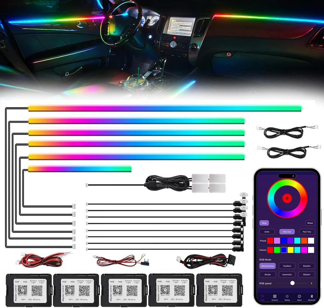 Acrylic Interior Car LED Strip Light with Wireless APP, RGB 18 in 1 with 175 inches 593 LEDs Fiber Optic Ambient Lighting Kits, 16 Million Colors Sound Active Function Car Neon Lights