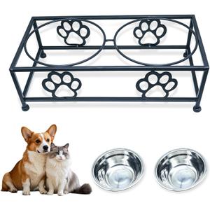 Elevated Dog & Cat Bowls with Stand  Raised Pet Feeder for Small Dogs & Cats, Stainless Steel Dog Food Bowls Elevated, Cat Food Bowl Stand, Elevated Cat Feeding Station (Black)