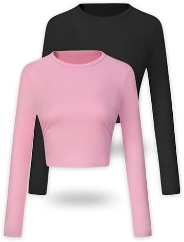 ANYOCEAN Women's 2-Pack Long Sleeve Crew Neck Ruched T-Shirt,Slim Fit Comfort Knit Crop Top,Athletic & Casual Ladies Blouses (25A027 2P Black Rose Pink M)