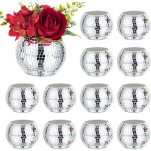 Disco Ball Vases for Table Centerpieces - Hewory 12pcs Silver Mirror Glass Planters Flower Pot Containers, Bulk Disco Balls Bowl Candle Holders for Wedding Bridal Shower Birthday Events Party Decor