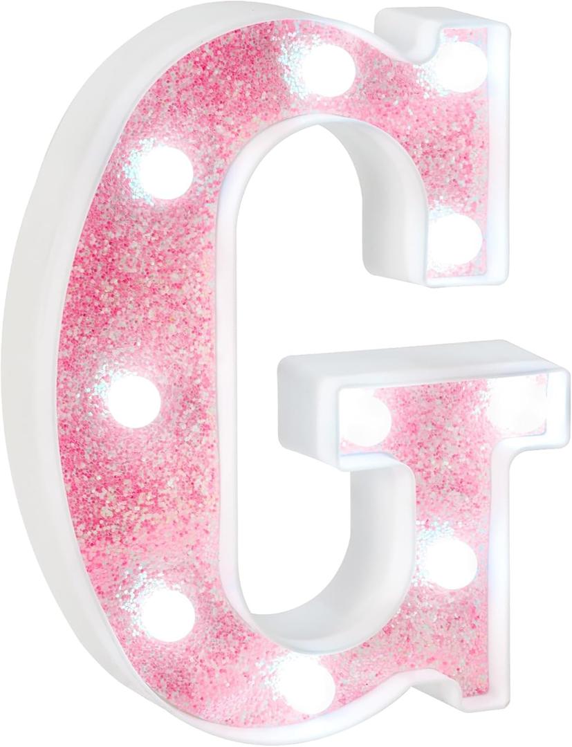 EUFONY Pink Glitter Marquee Light Up Letters, Battery Powered LED Alphabet Letter Lights Sign for Birthday Party Table Decorations, Wall Decor for Girls Room, Pink Initial Letter G w/Cool White Lights