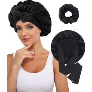 100% Mulberry Silk Bonnet for Women Hair Bonnet for Sleeping with Hair Scrunchy Elastic Tie Band Night Cap (Black)