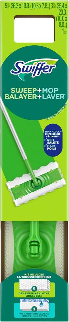 Swiffer Sweep and Mop 2-in-1 Dry + Wet Floor Mopping and Sweeping Kit (1 Sweeper, 5 Heavy Duty Dry Cloths, 3 Heavy Duty Wet Cloths)