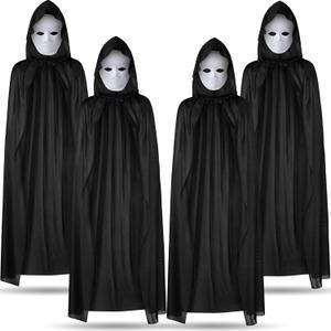 8 Pcs Black Adult Cloak Masks Sets 4 Adult Black Cloaks with Hood Unisex and 4 White Full Face Masks Invisible Cape Robe for Halloween Women Men Cosplay Costume Carnivals Party