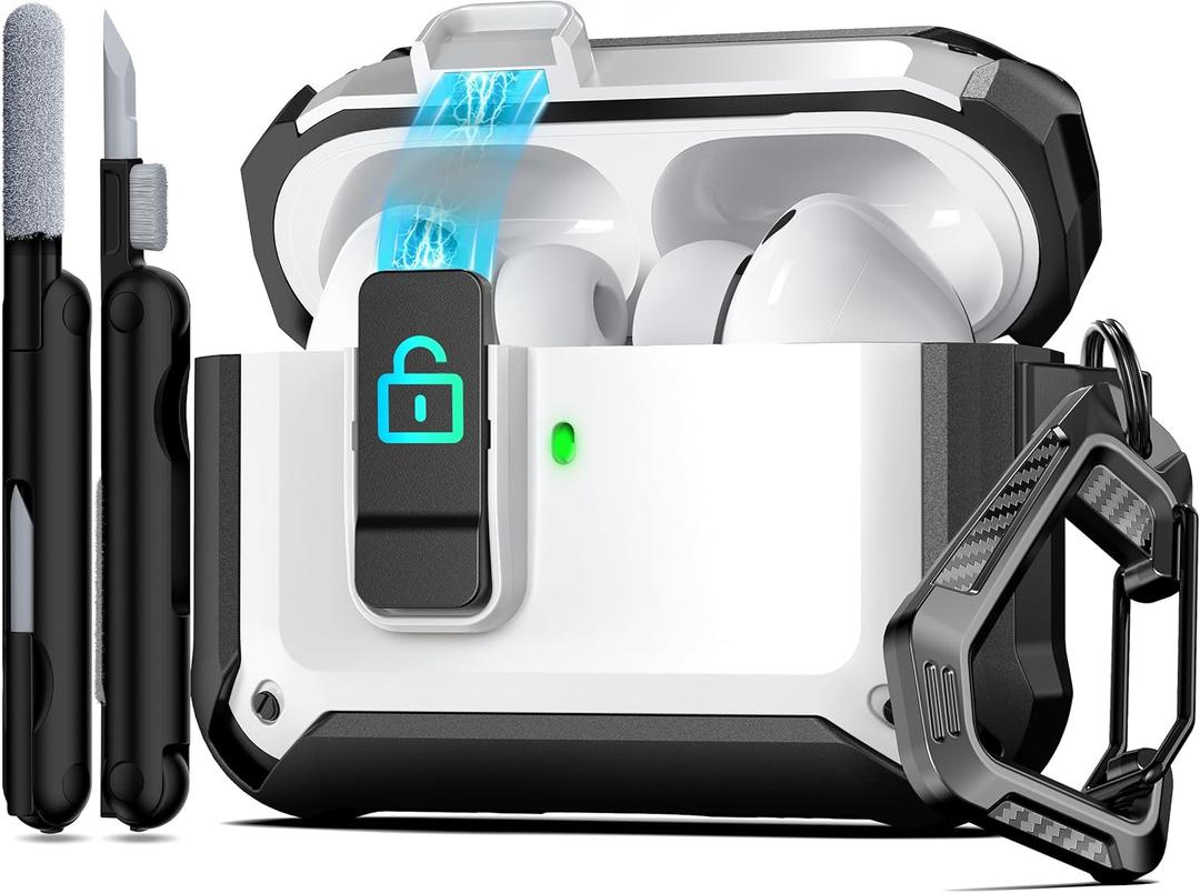 RFUNGUANGO Protective Case for AirPods Pro 3rd Generation, with Safety Lock Clip and Automatic Pop-up Case, Full Shockproof Hard Case for AirPods Pro 3 (2025) - White