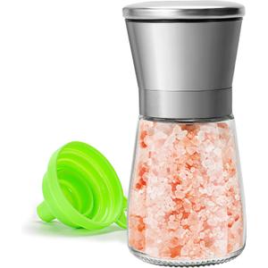 Manual Salt or Pepper Grinder for Professional Chef, Best Spice Mill with Stainless Steel Cap, Ceramic Blades and Adjustable Coarseness, Refillable Glass Body with 6OZ Capacity (5.3H-1 Pack)