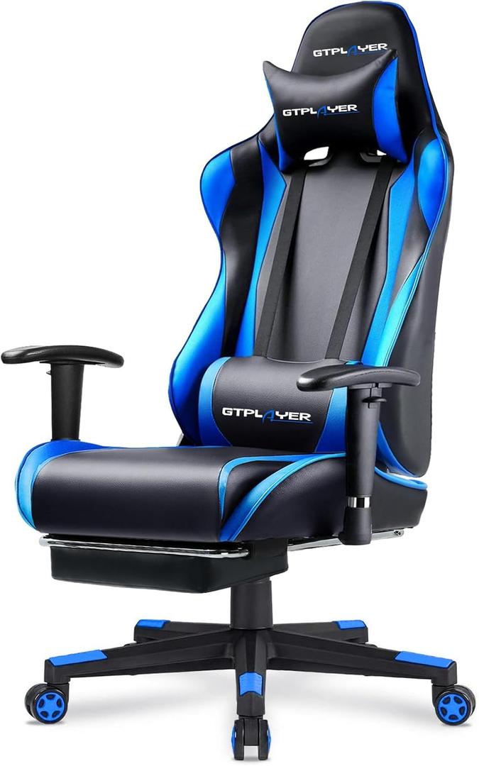 GTPLAYER Gaming Chair with Footrest, Ergonomic Computer Game Desk Chair, Recline Gaming Chair Seat Height Adjustment, Swivel Rocker with Headrest and Lumbar (Blue)