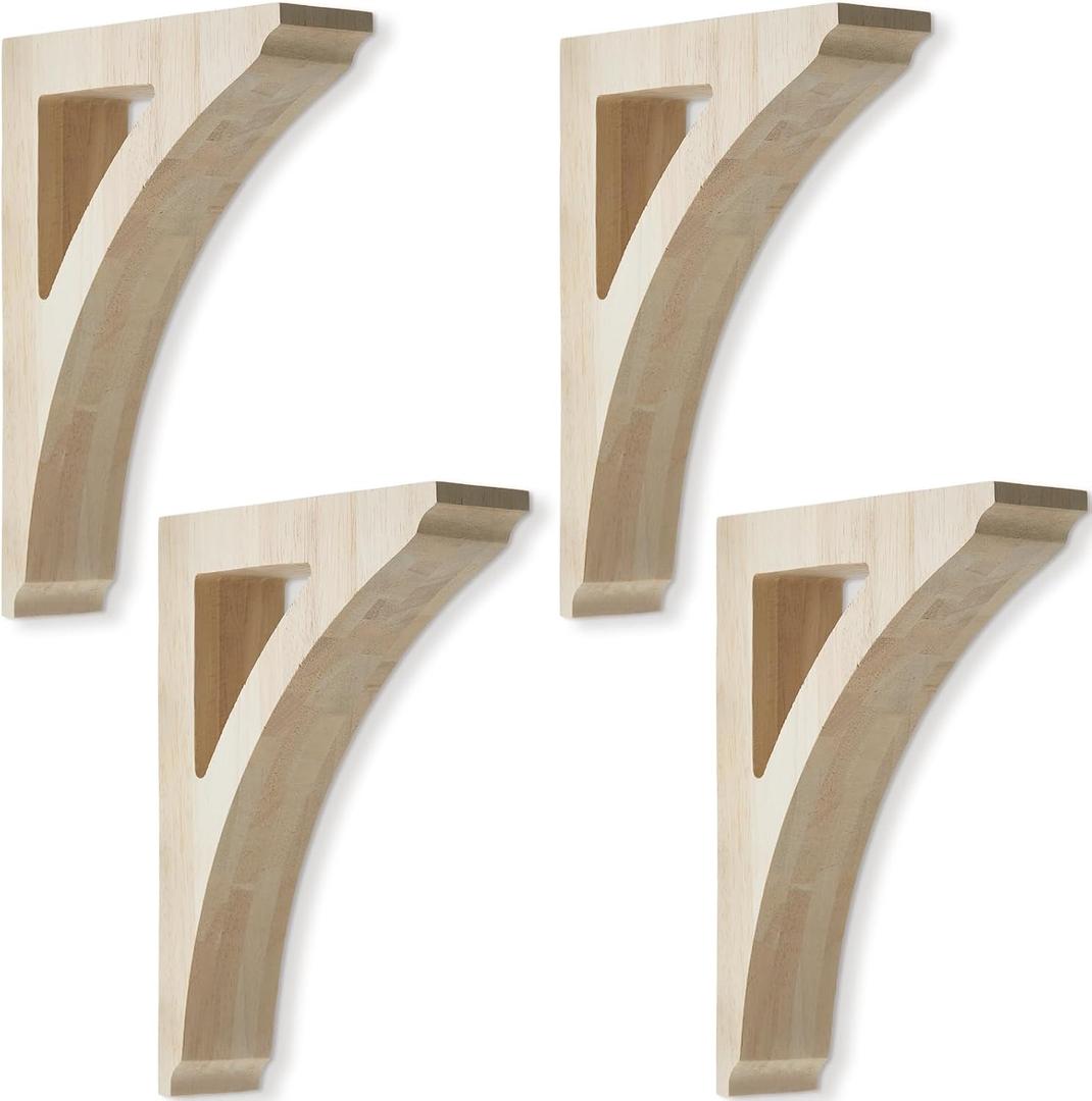4 Pcs 1 3/4" W x 6 1/2" D x 9" H Traditional Wood Corbels Wooden Shelf Brackets Unfinished Paintable Solid Wooden Bracket for Doorway Countertops Home Shelves Cabinet Furniture Support