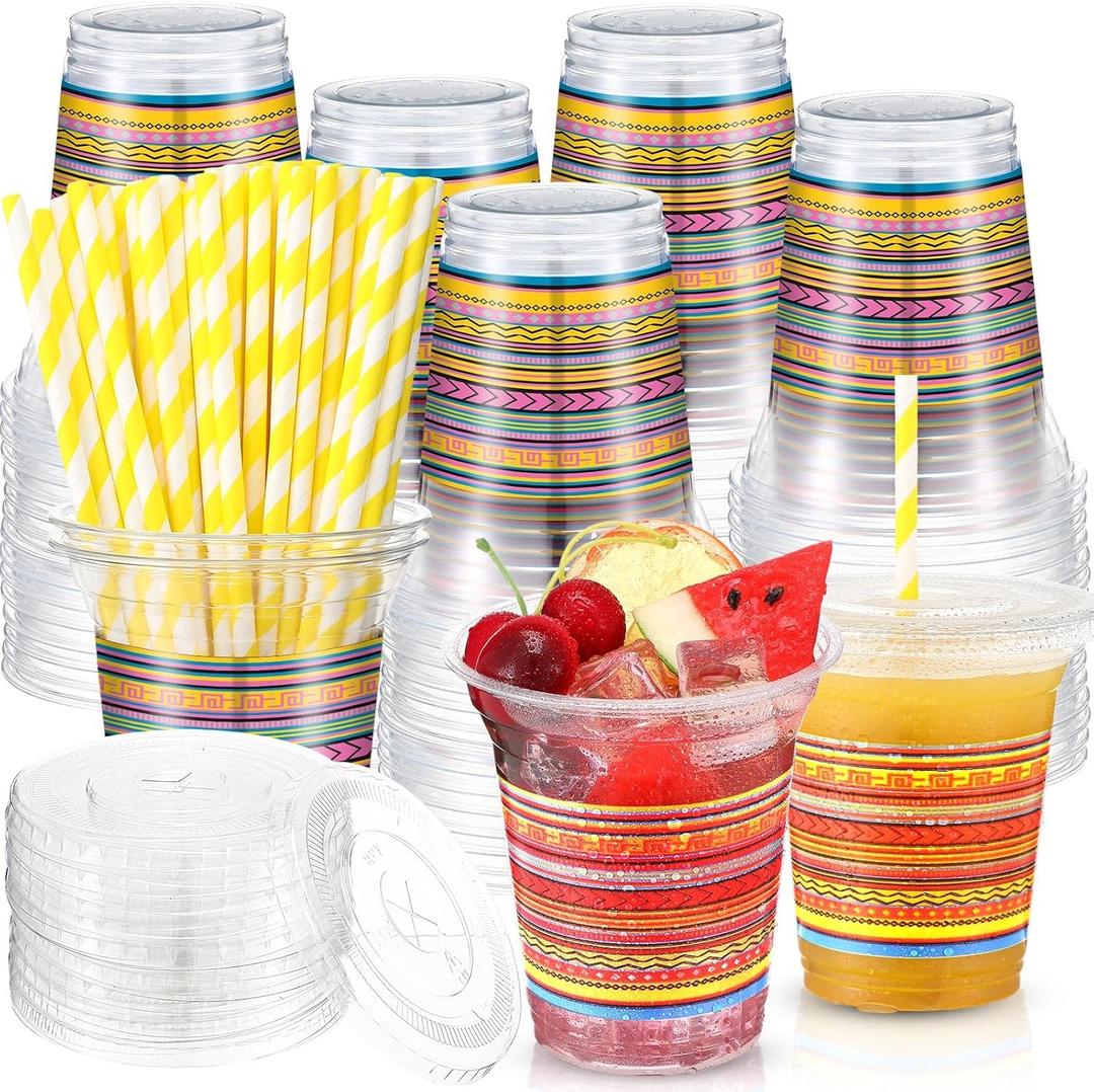 Jingmore 50 Pack 12 oz Fiesta Plastic Cups with Lids and Paper Straws Mexican Clear Disposable Cups Bulk Cinco De Mayo Party Decorations for Fiesta Taco Birthday Party Drinkware Supplies