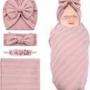 Cinaci 4pcs Dusty Pink Soft Nursery Newborn Baby Receiving Swaddle Blanket with Matching Turban Hat Bow Headbands Floral Nylon Headbands for Baby Girls Newborn Infants