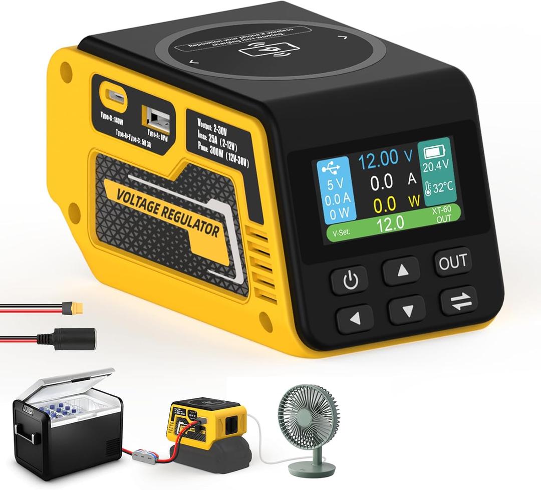300W Voltage Regulator Compatible with Dewalt 20V Battery, Converter 2-30V Output, PD3.1 140W Type-C, 15W Wireless Magnetic, 18W Type-A Charging, XT60 and Cigarette Lighter Socket DIY Output