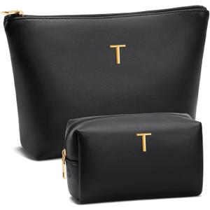 Mom Gifts| Initial Makeup Bag Set for Women Girls Personalized Gifts for Bridesmaid Teachers Graduation Friend Female PU Leather Cosmetic Travel Toiletry Bag(Black,T)