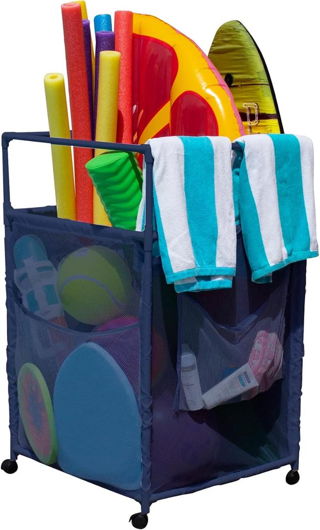Essentially Yours Rolling Pool Noodle Storage Organizer Bin, Standard Noodle Holder, (25.4" W x 26" L x 40.5" H), Blue Style 510643