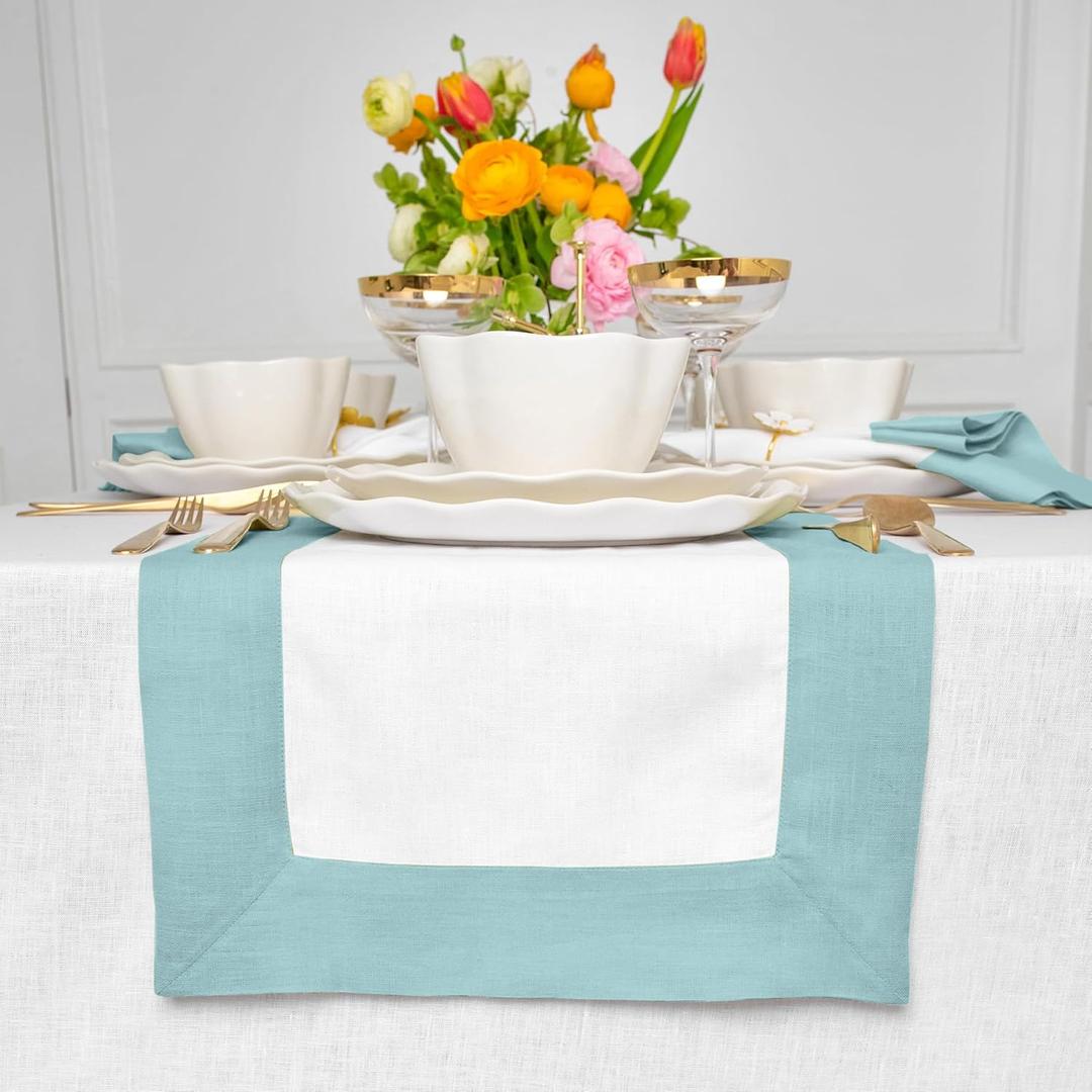 Solino Home Linen Table Runner 90 Inches Long - Light Blue and White 100% Pure Linen 14 x 90 Inch Table Runner for Dining, Mothers Day, Summer - Contempo