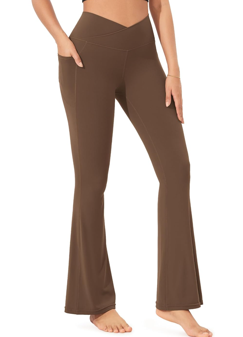ODODOS Cloud Feeling Crossover Flared Pants with Pockets for Women, Cross Waist Bootcut Lounge Yoga Pants- 30" Inseam, Size: M