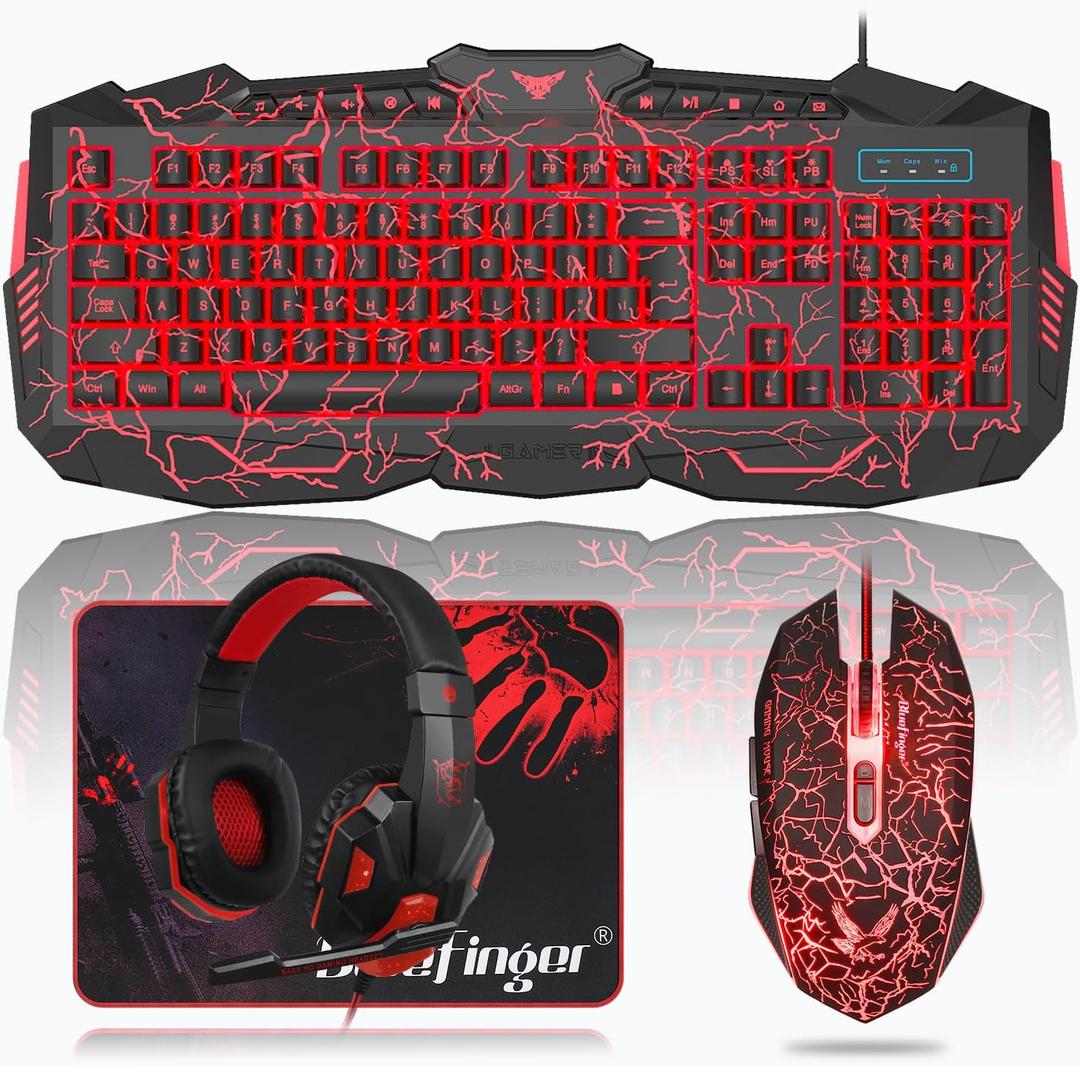 BlueFinger Gaming Keyboard Mouse Headset Combo, USB Wired Crack Backlit,114 Keys Letters Glow LED Keyboard, Red LED Light Headset for Laptop PC Computer Work and Game