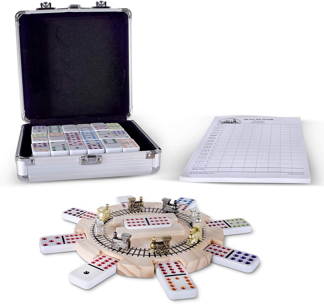Mexican Train Dominoes Set Double 12 Color Dots with Wooden Hub 8 Metal Trains and Aluminum Case