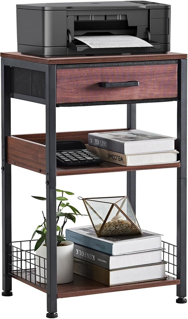 Lerliuo Walnut Printer Stand with Fabric Drawer, 3 Tier Industrial Side Table, Modern Small Printer Desk Holder with Storage Shelf, Multi-Functional Bedside Tables for Home Office Fax Machine Scanner, Walnut
