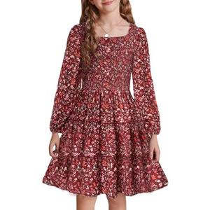 GRACE KARIN Girls Fall Long Sleeve Floral Square Neck Smock Tiered Casual Holiday Teen Dress Size 5-6