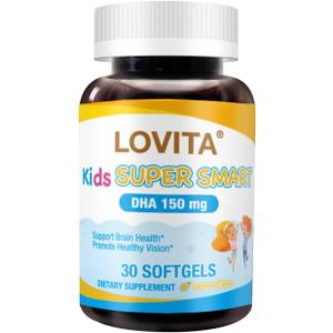 LOVITA Kid’s Super Smart, Omega-3 for Children, 180 mg Total DHA & EPA, Lemon Flavor Fish Oil, Support Brain & Vision Health, 30 Softgels