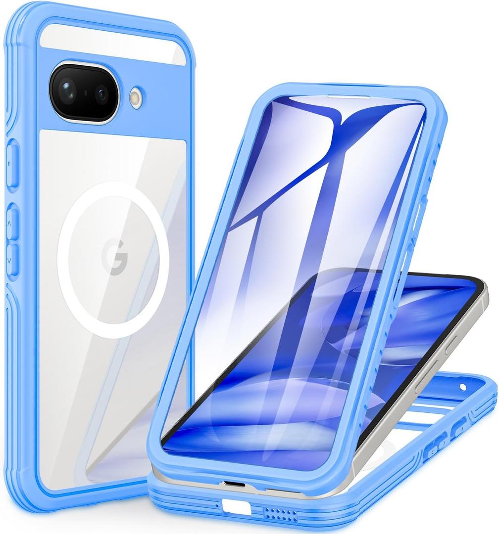 CENHUFO Magnetic for Google Pixel 9a Case, Full Body Phone Case Built-in 9H Tempered Glass Screen Protector [Compatible with Magsafe] Shockproof Heavy Duty Protective Clear Cover Bumper - Blue